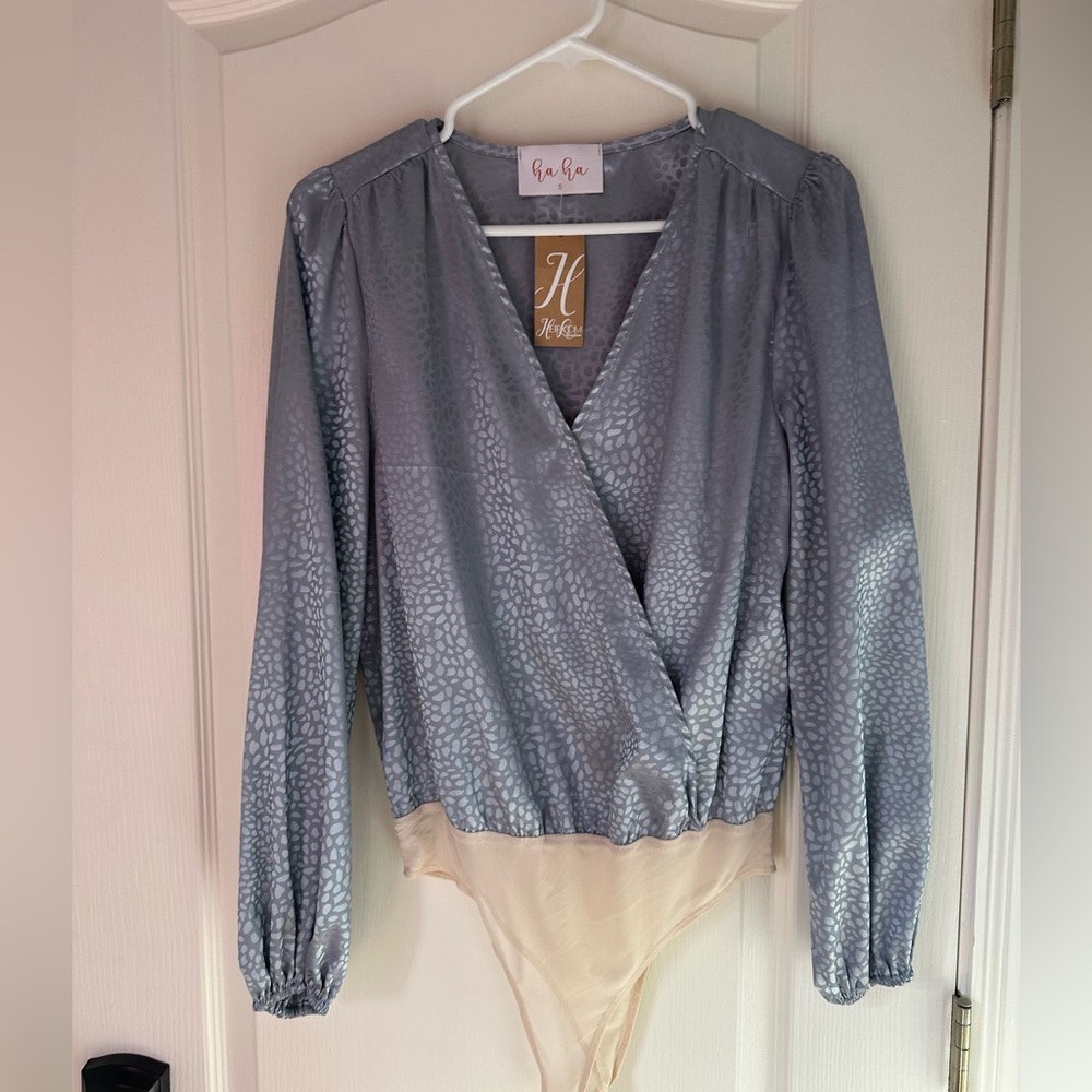 Blue cheetah silky body suit blouse NWT